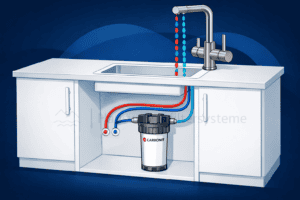 Technische Skizze: Wasserleitungen vom Untertischfilter oder Osmose Wasserfilter zum 3-Wege Wasserhahn
