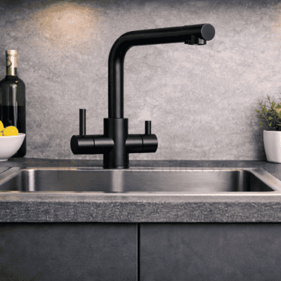 3-Wege Wasserhahn Küche Schwarz – 2 Hebel für Heiß/Kalt & gefiltertes Trinkwasser