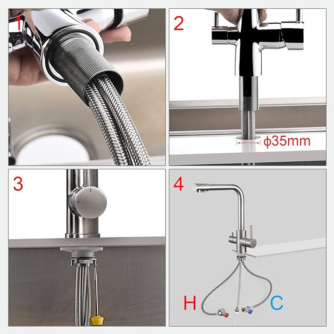 3-Wege Wasserhahn Küche Schwarz – 2 Hebel für Heiß/Kalt & gefiltertes Trinkwasser – Bild 7