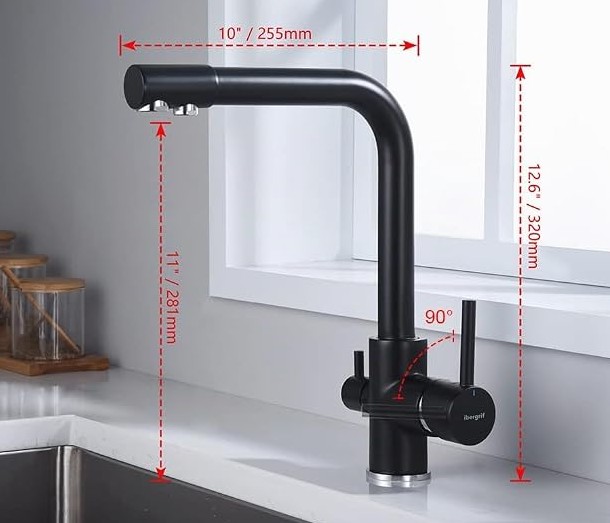 3-Wege Wasserhahn Küche Schwarz – 2 Hebel für Heiß/Kalt & gefiltertes Trinkwasser – Bild 6
